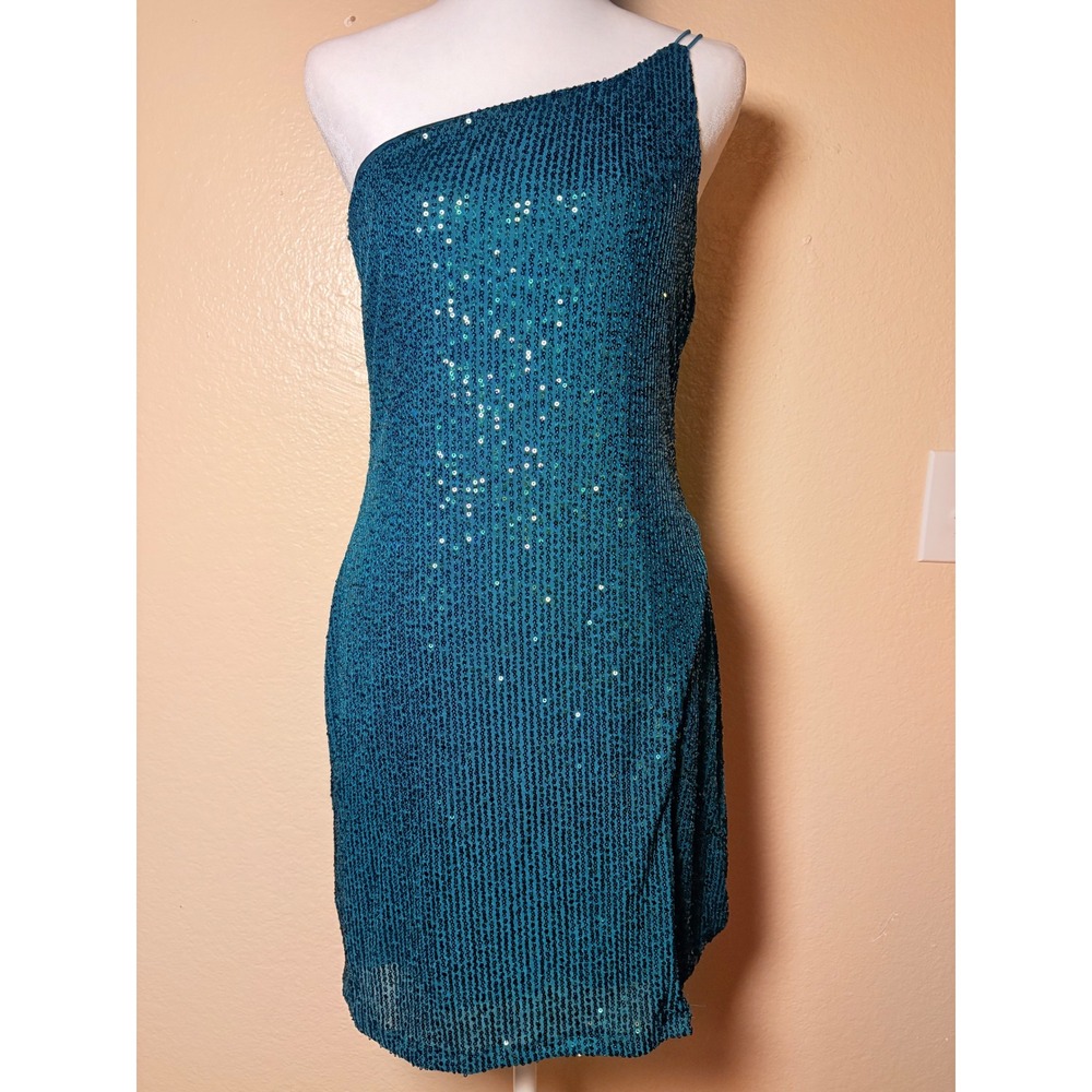 Y2K Crystal Sky Teal Sequin One Shoulder Mini Dress Peacock Blue Bodycon Large